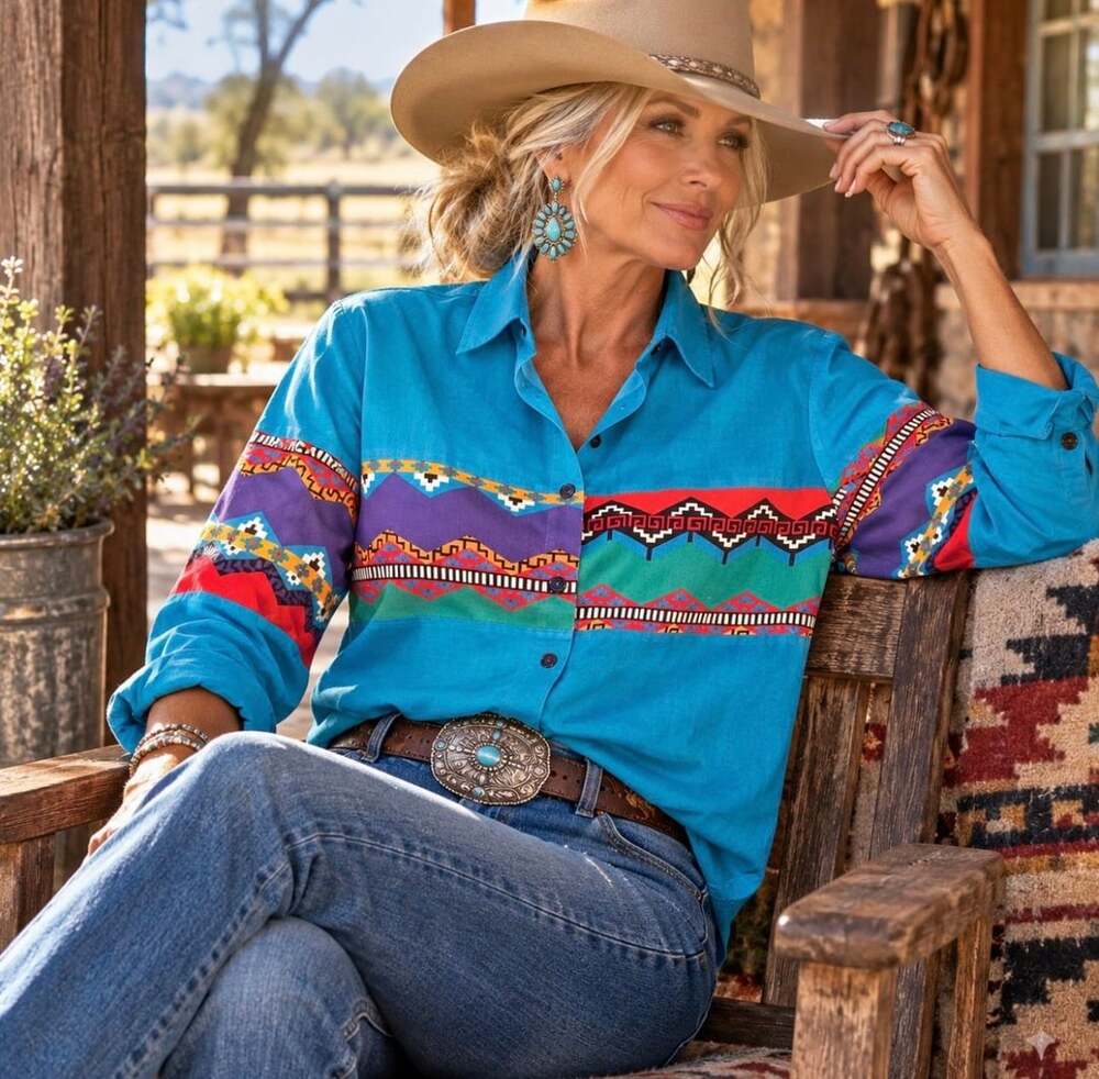 Vintage Southwestern Aztec Geometric Button Down Shirt Turquoise Blue Long Sle